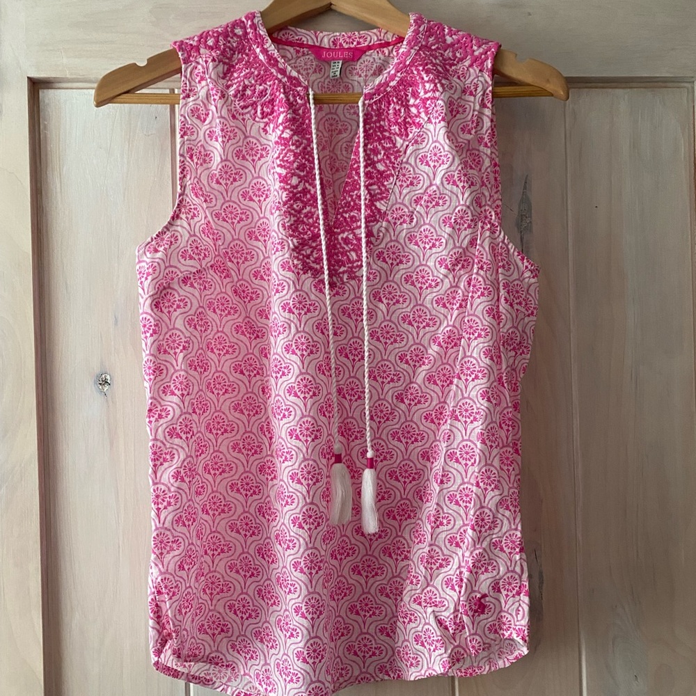NWOT Joules Hot Pink and White Blouse with tassels.